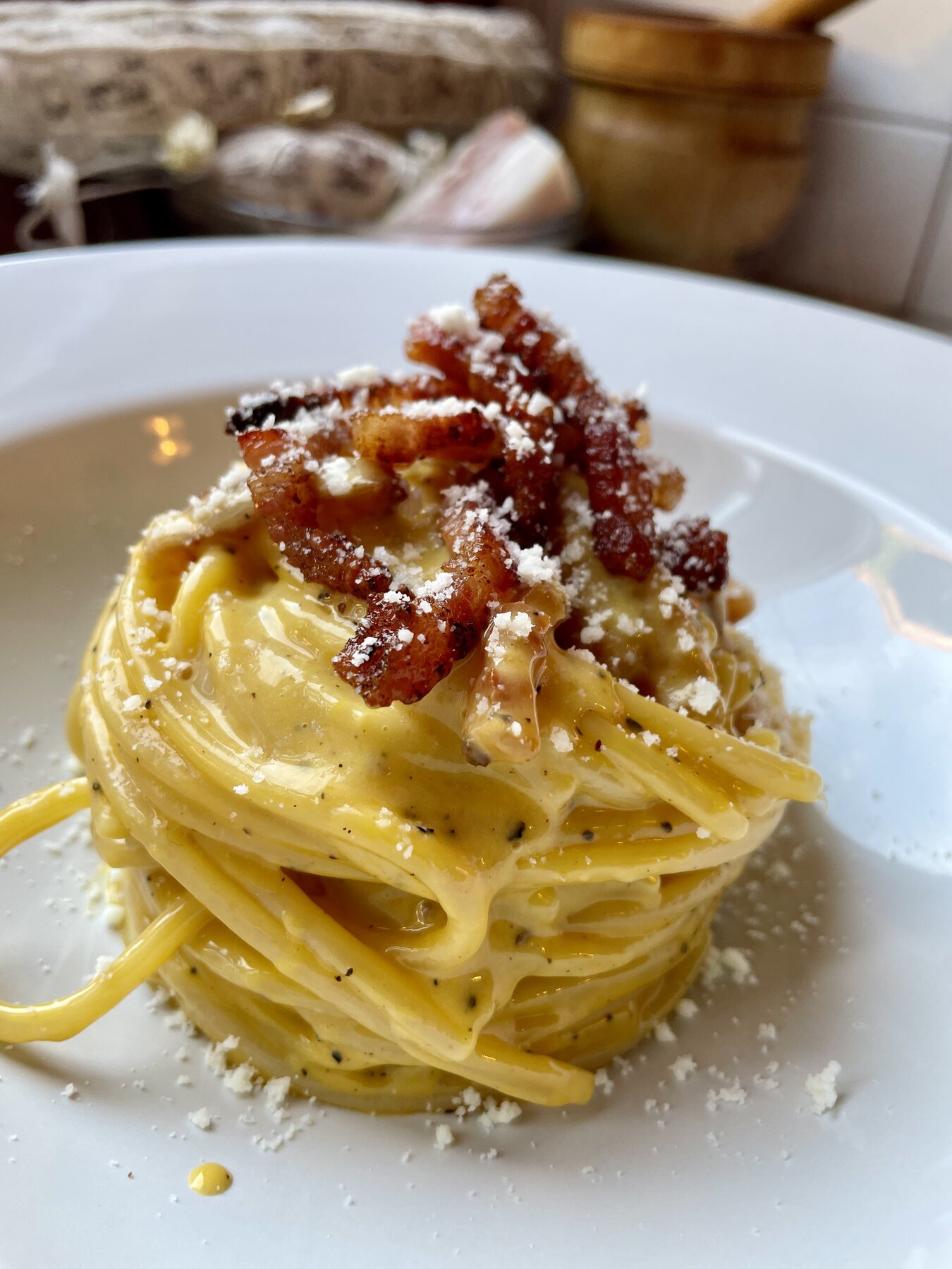 Cacio e Pepe carbonara-style pasta tower with guanciale